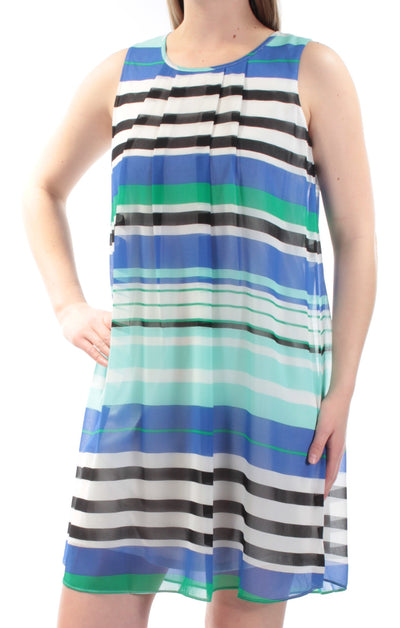 CALVIN KLEIN Womens Blue Sheer Pleated Striped Sleeveless Jewel Neck Above The Knee Trapeze Dress