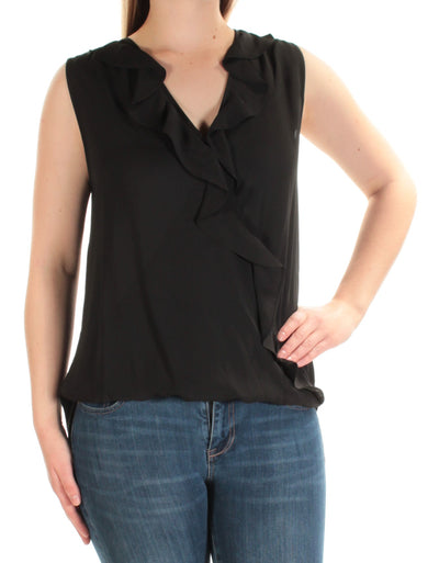 INC Womens Black Ruffled Sleeveless V Neck Top