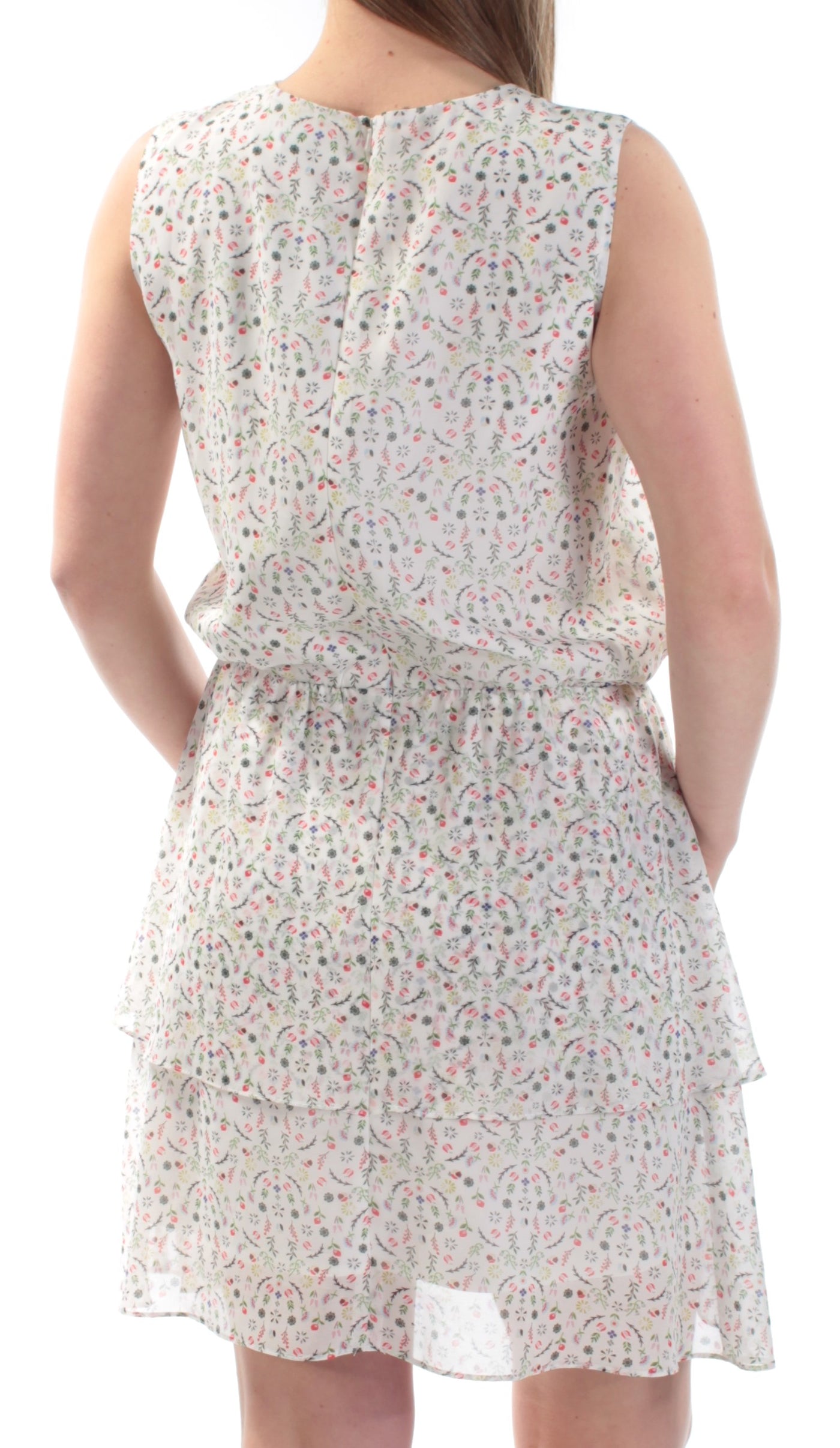 CYNTHIA ROWLEY Womens Floral Sleeveless Jewel Neck Above The Knee Layered Dress