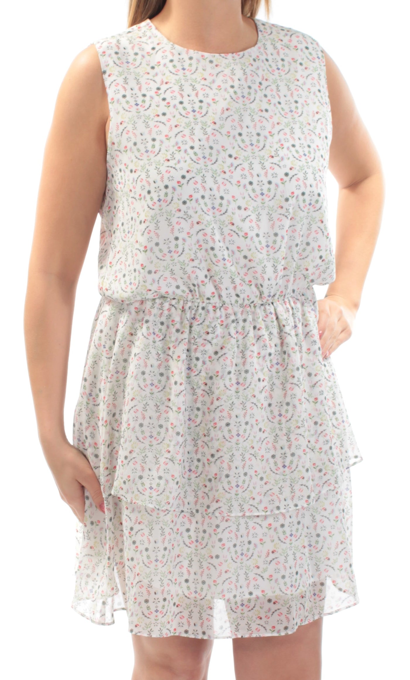 CYNTHIA ROWLEY Womens Floral Sleeveless Jewel Neck Above The Knee Layered Dress