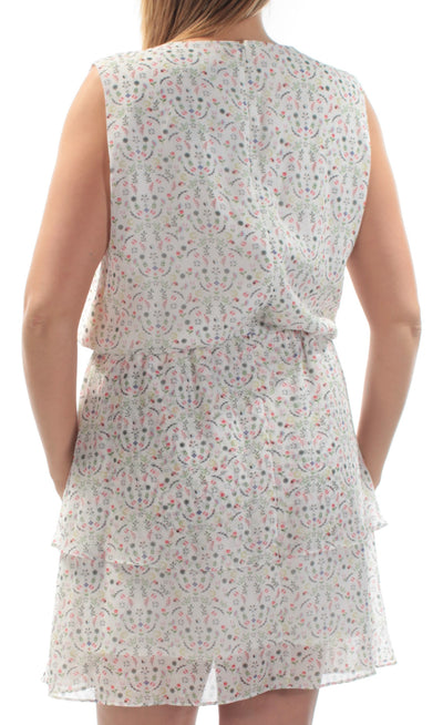 CYNTHIA ROWLEY Womens Floral Sleeveless Jewel Neck Above The Knee Layered Dress