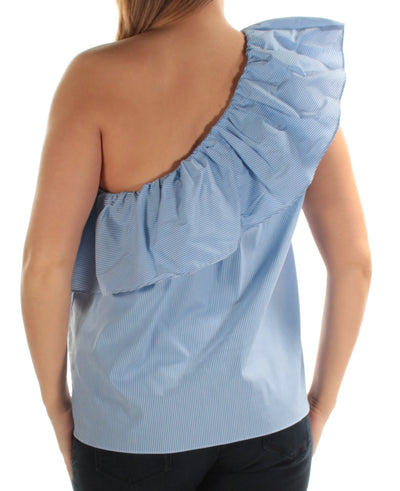 1. STATE Womens Blue Striped Asymmetrical Neckline Top