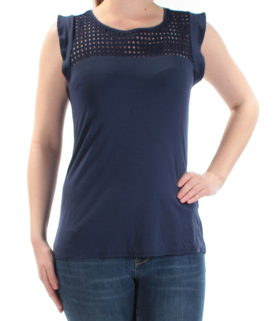 MAISON JULES Womens Navy Eyelet Cap Sleeve Jewel Neck Top