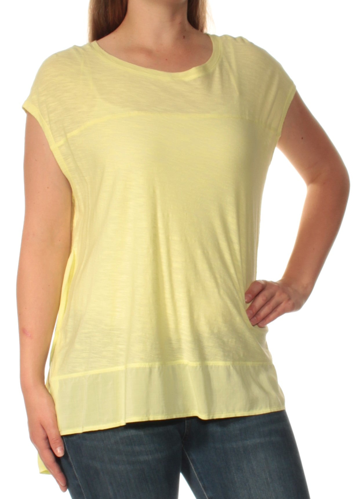 TWO BY VINCE CAMUTO Womens Green Sheer Cap Sleeve Jewel Neck Top
