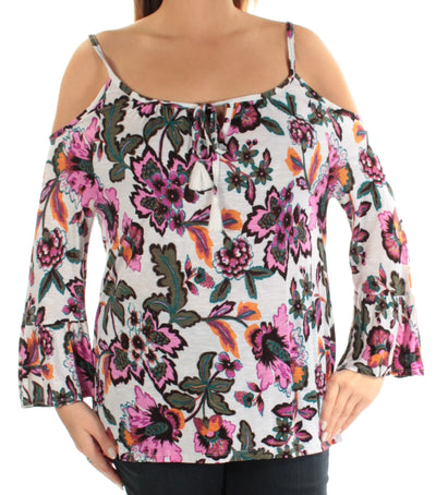 INC Womens Cold Shoulder Floral Long Sleeve Scoop Neck Top