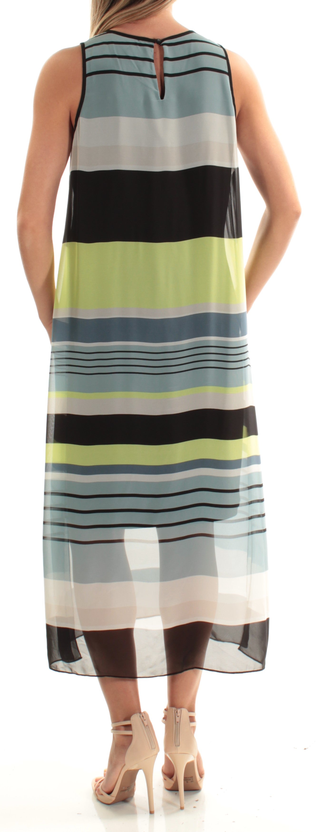 VINCE CAMUTO Womens Blue Slitted Striped Sleeveless Jewel Neck Tea Length Shift Dress