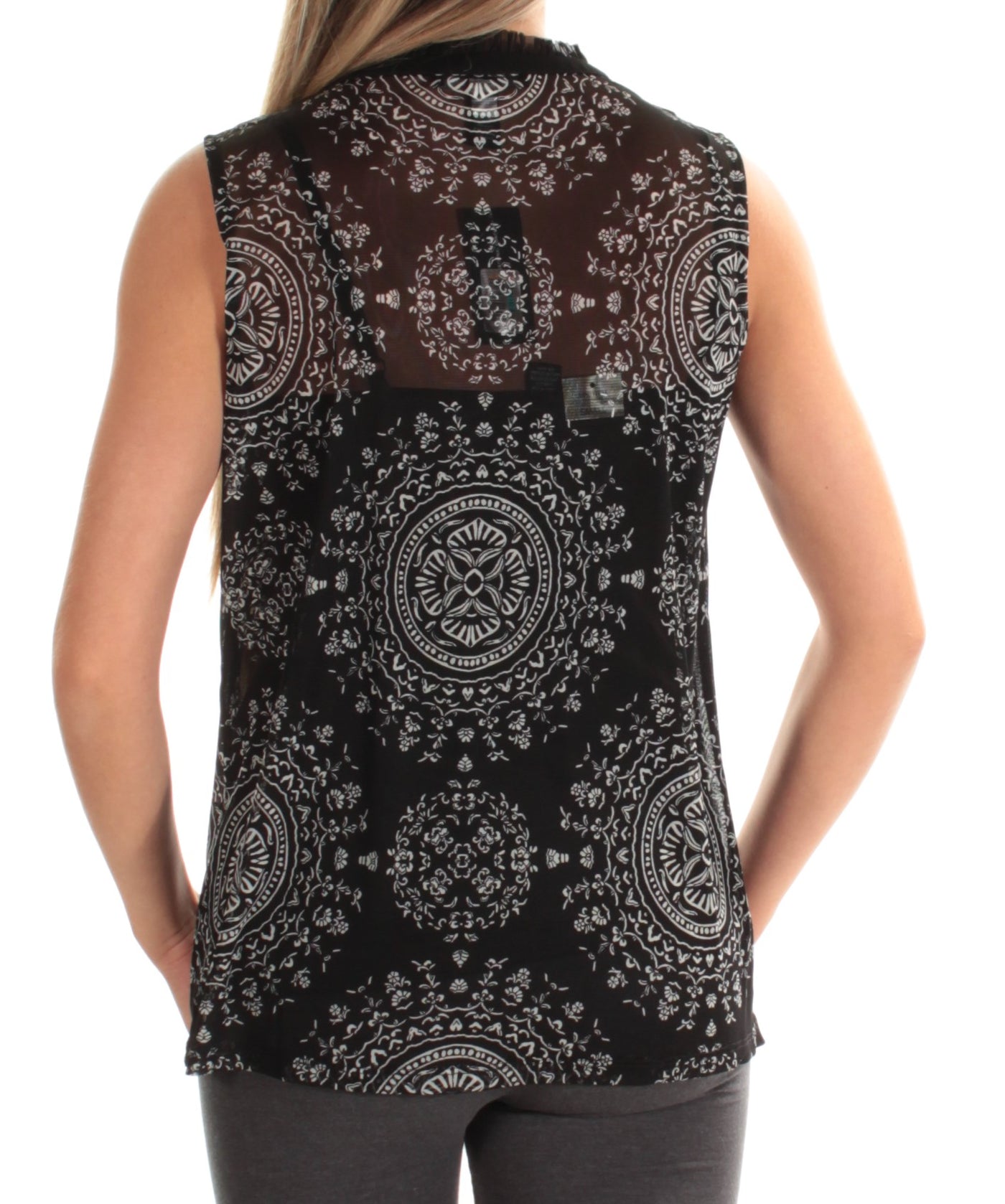 INC Womens Black Tie Printed Sleeveless V Neck Top