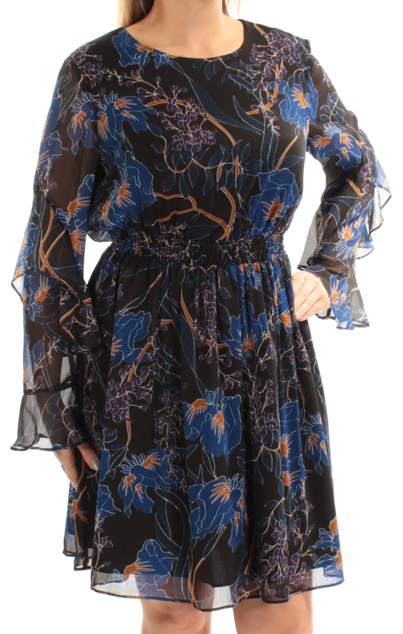 INC Womens Blue Sheer Ruffled Floral Long Sleeve Jewel Neck Mini Blouson Dress