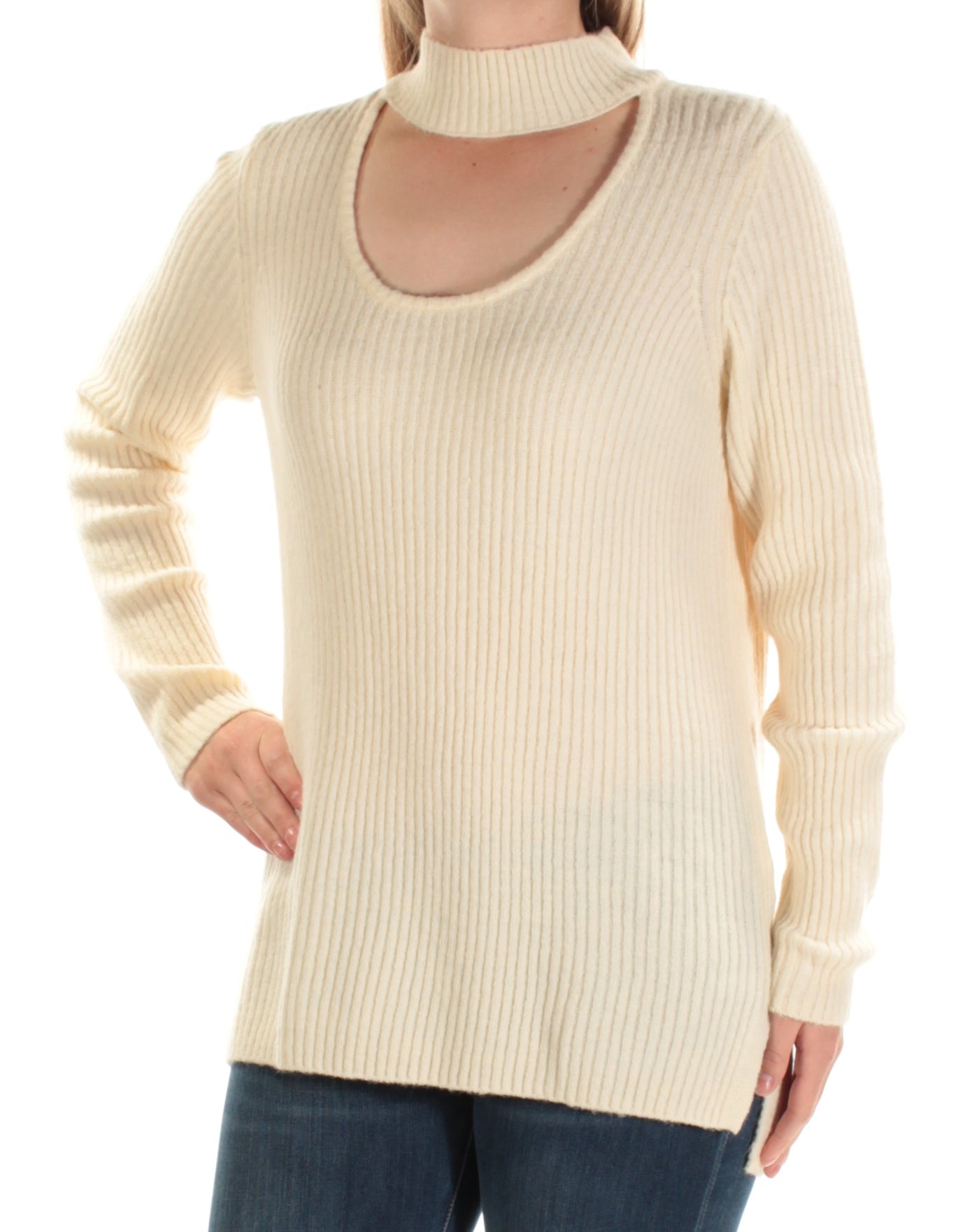 KENSIE Womens Ivory Cut Out Long Sleeve Turtle Neck Sweater