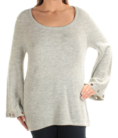 KENSIE Womens Gray Eyelet Bell Sleeve Scoop Neck Sweater