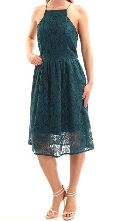 KENSIE Womens Teal Lace Sleeveless Halter Knee Length Evening Fit + Flare Dress