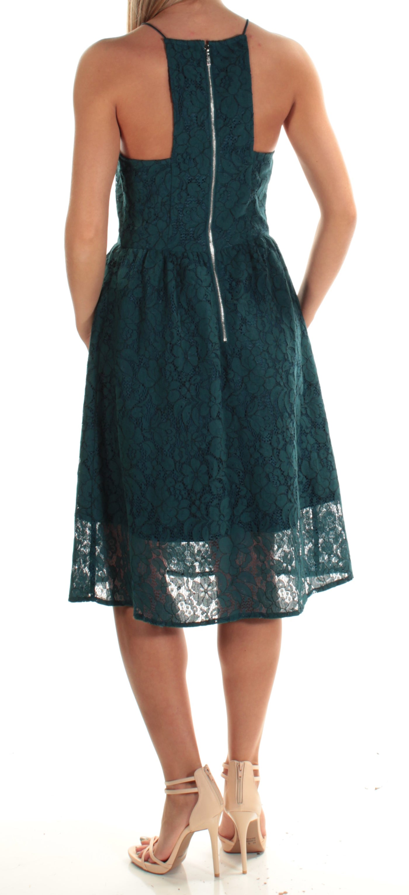 KENSIE Womens Teal Lace Sleeveless Halter Knee Length Evening Fit + Flare Dress