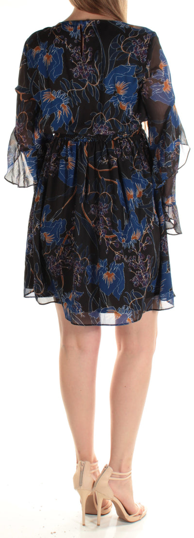 INC Womens Sheer Ruffled Ruched Floral Long Sleeve Jewel Neck Mini Sheath Dress