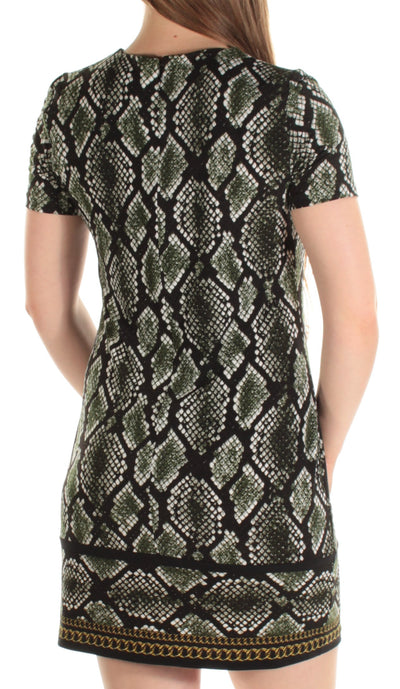 MICHAEL KORS Womens Green Animal Print Short Sleeve Crew Neck Mini Shift Dress