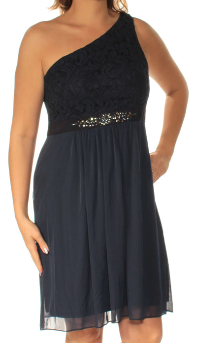 ADRIANNA PAPELL Womens Navy Lace Sleeveless Asymmetrical Neckline Knee Length Fit + Flare Dress