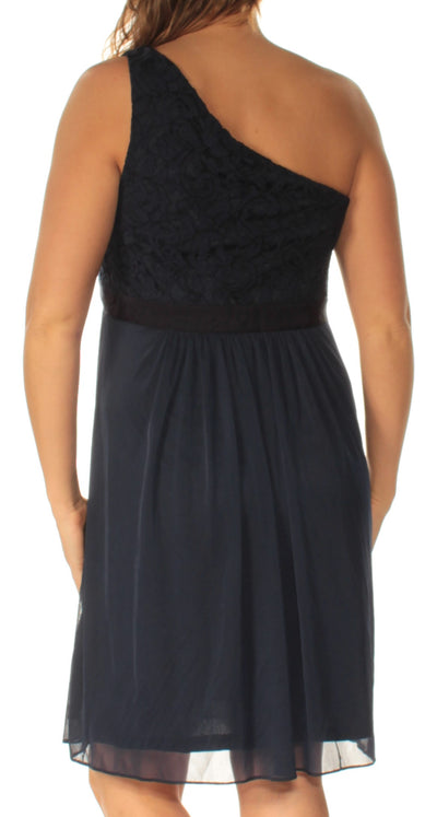 ADRIANNA PAPELL Womens Navy Lace Sleeveless Asymmetrical Neckline Knee Length Cocktail Fit + Flare Dress