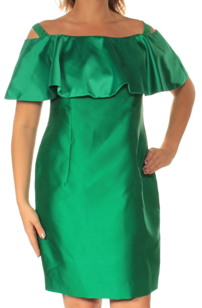 ADRIANNA PAPELL Womens Green Cold Shoulder Short Sleeve Square Neck Above The Knee Sheath Dress