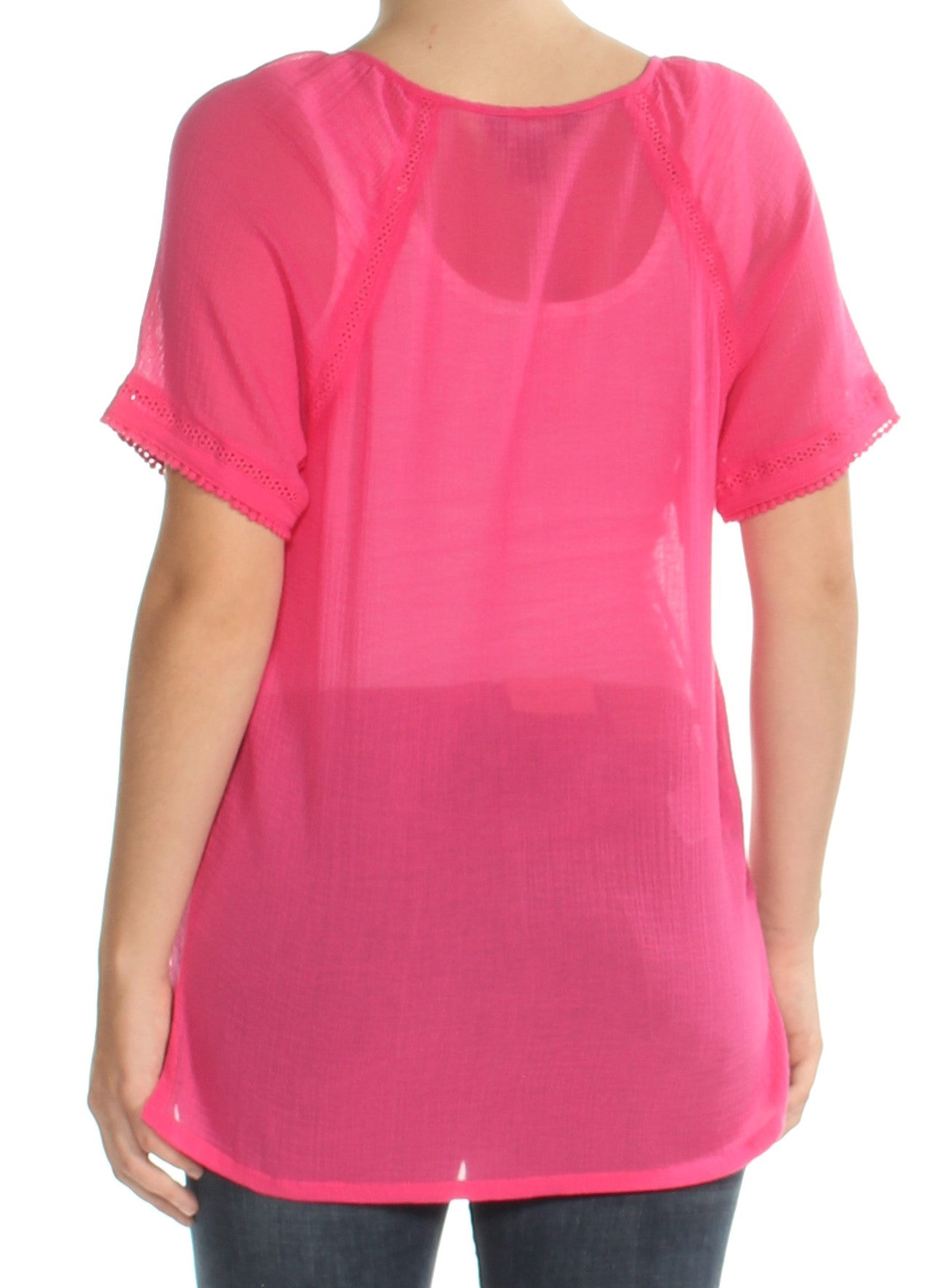 TOMMY HILFIGER Womens Pink Sheer Short Sleeve Keyhole Top