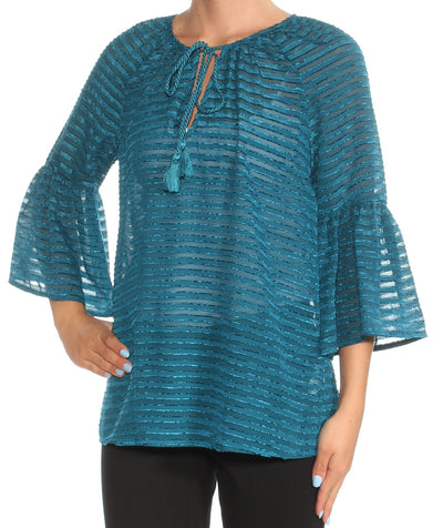 KENSIE Womens Turquoise Textured Bell Sleeve Keyhole Top
