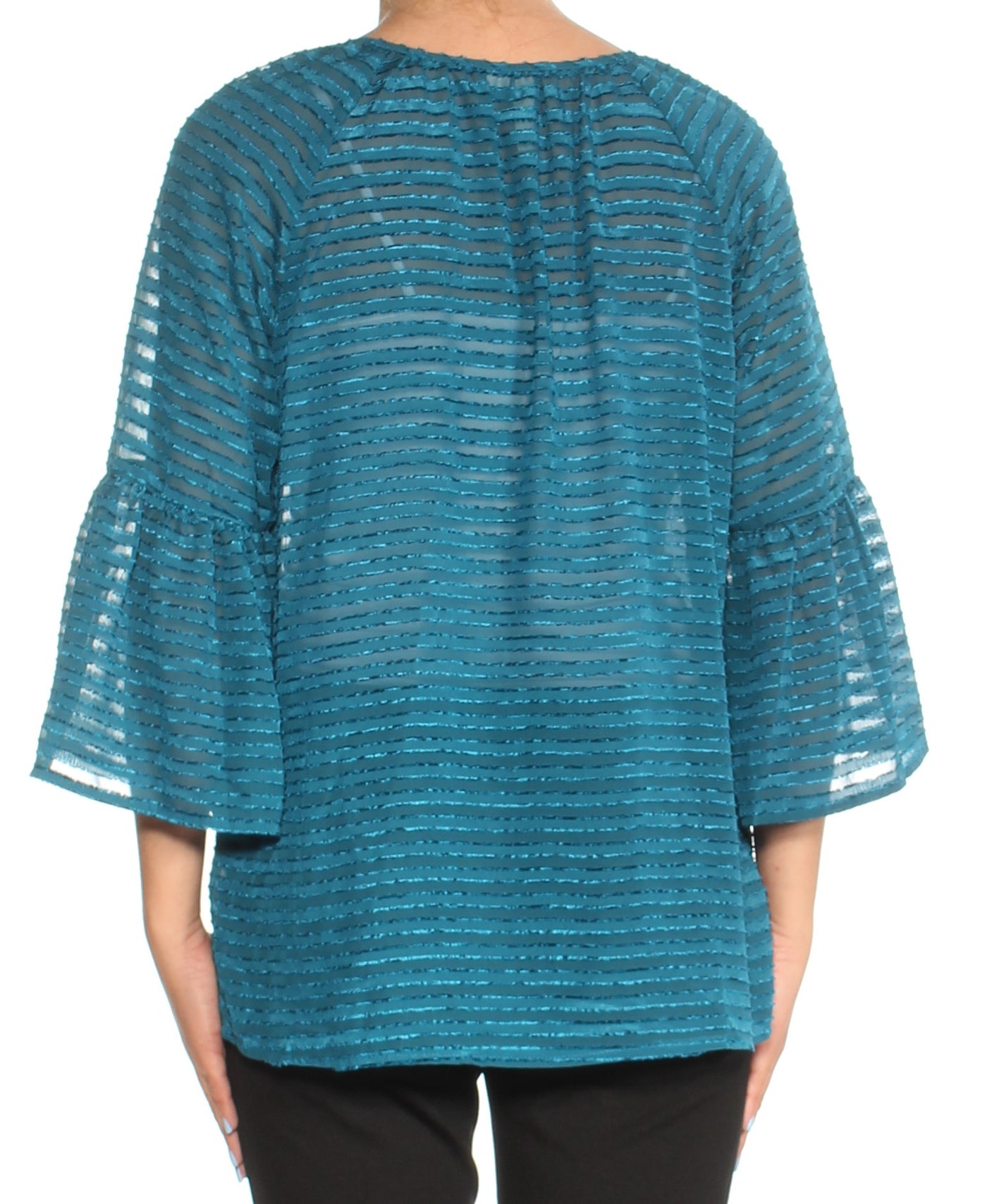 KENSIE Womens Turquoise Textured Bell Sleeve Keyhole Top