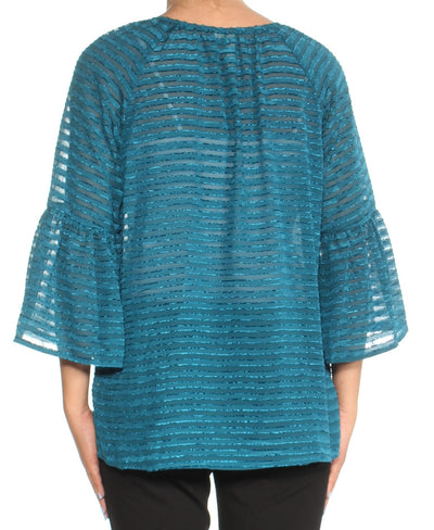 KENSIE Womens Turquoise Textured Bell Sleeve Keyhole Top