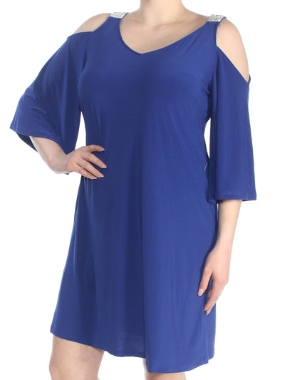 MSK WOMEN Womens Blue Kimono Sleeve V Neck Above The Knee Shift Dress