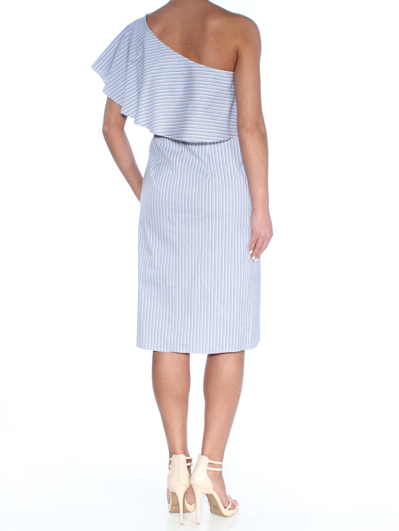 BAR III Womens Blue Ruffled Overlay Striped Sleeveless Asymmetrical Neckline Knee Length Sheath Dress