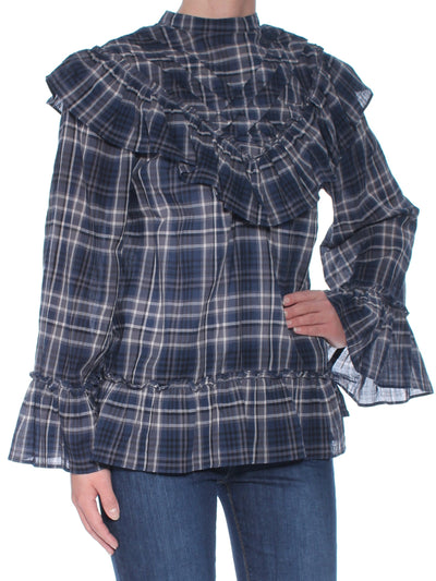 MAX STUDIO Womens Navy Plaid Bell Sleeve Crew Neck Tunic Top