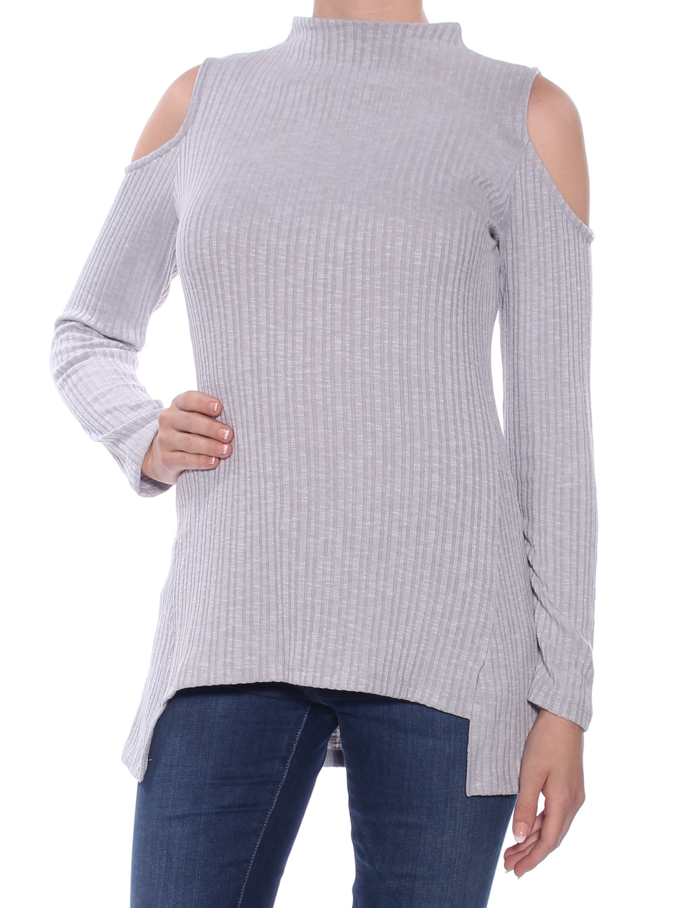 KENSIE Womens Gray Cold Shoulder Textured Long Sleeve Turtle Neck Hi-Lo Sweater