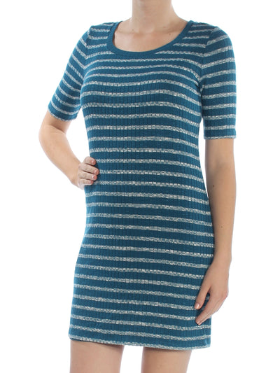 KENSIE Womens Blue Textured Striped Short Sleeve Scoop Neck Above The Knee Sheath Dress