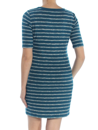 KENSIE Womens Blue Textured Striped Short Sleeve Scoop Neck Above The Knee Sheath Dress