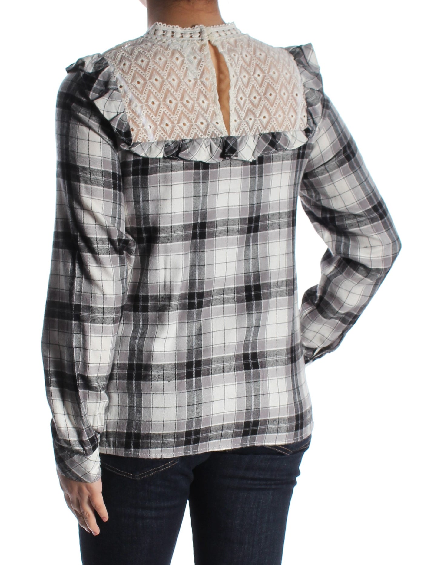 KENSIE Womens Ruffled Lace Plaid Long Sleeve Bib Neck Wear To Work Tunic Top