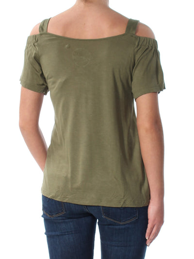 INC Womens Green Cold Shoulder V Neck Top Petites XS