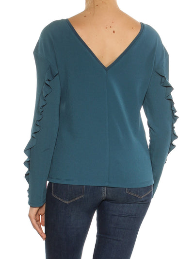 BAR III Womens Teal Ruffled Low Back Long Sleeve Jewel Neck Top