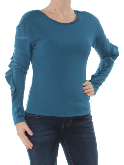 BAR III Womens Ruffle-sleeve Long Sleeve Scoop Neck Top