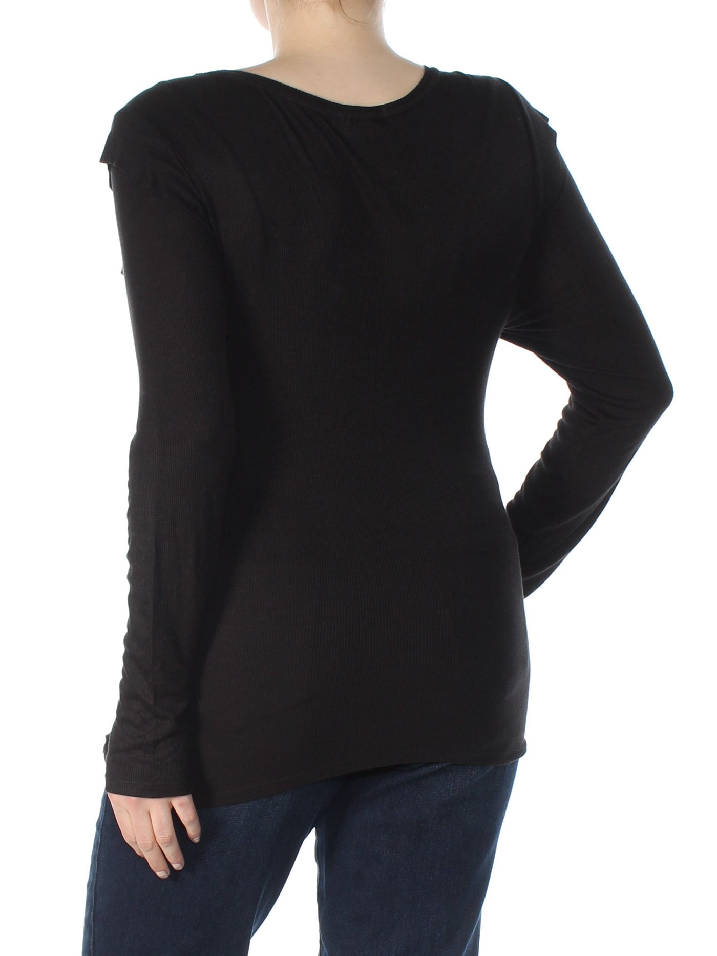 MAISON JULES Womens Black Ruffled Ribbed Long Sleeve Jewel Neck Sweater