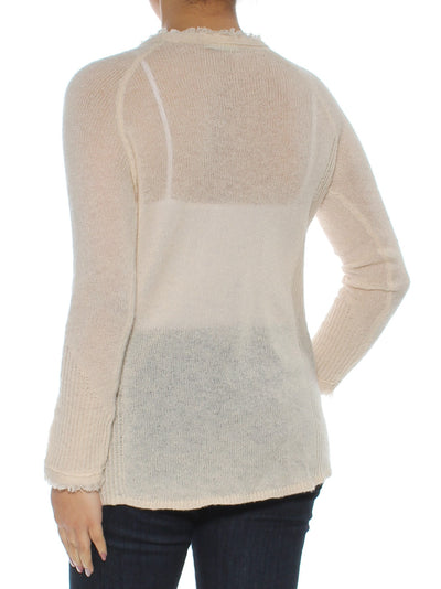 LUCKY BRAND Womens Beige Frayed Sheer Long Sleeve Jewel Neck Tunic Top