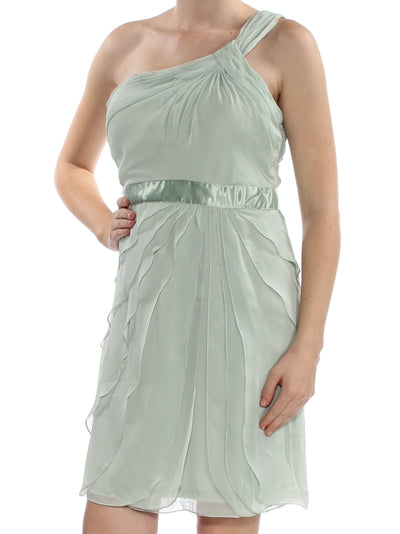 ADRIANNA PAPELL Womens Green Ruffled Asymmetrical Neckline Short Party Fit + Flare Dress