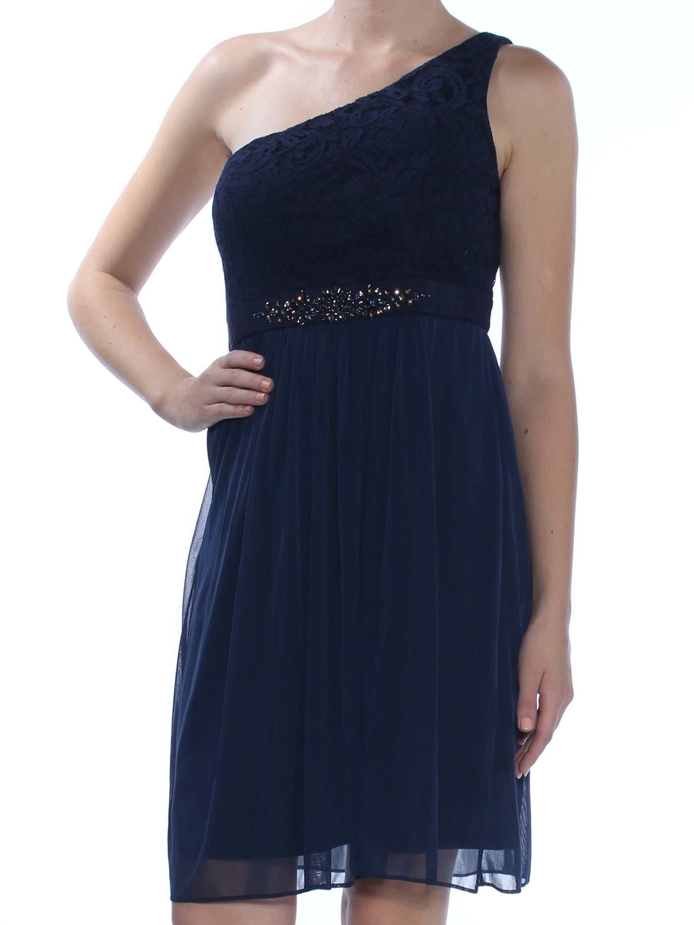 ADRIANNA PAPELL Womens Navy Embellished Sleeveless Asymmetrical Neckline Above The Knee Formal Fit + Flare Dress