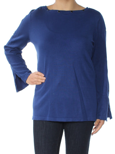 ALFANI Womens Blue Embellished Long Sleeve Boat Neck Tunic Top