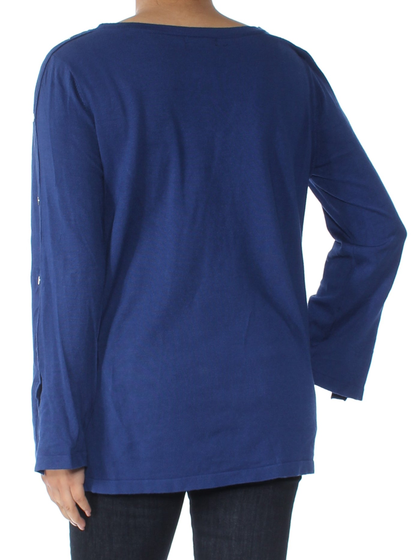 ALFANI Womens Blue Embellished Long Sleeve Boat Neck Tunic Top