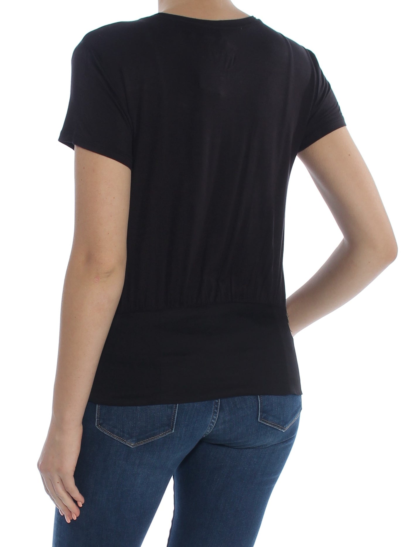 INC Womens Black Tie Color Block Short Sleeve Jewel Neck T-Shirt