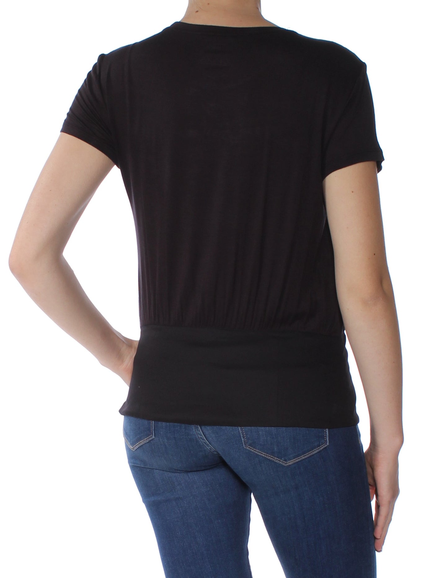 INC Womens Black Tie Color Block Short Sleeve Jewel Neck T-Shirt