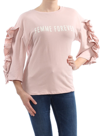 POLLY & ESTHER Womens Pink Ruffled Long Sleeve Jewel Neck Top