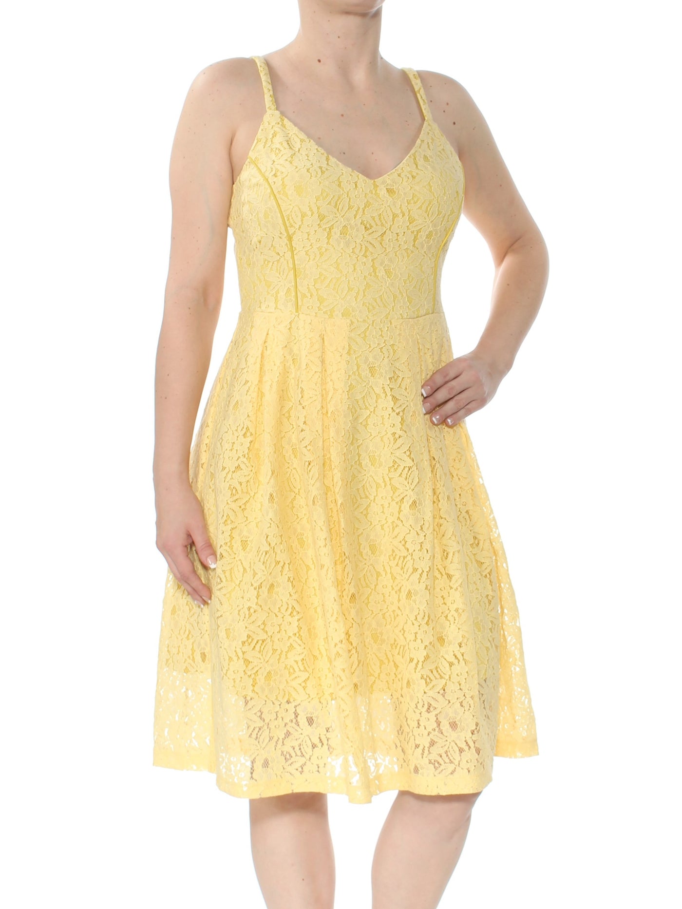 GUESS Womens Yellow Lace V Neck Knee Length Fit + Flare Dress