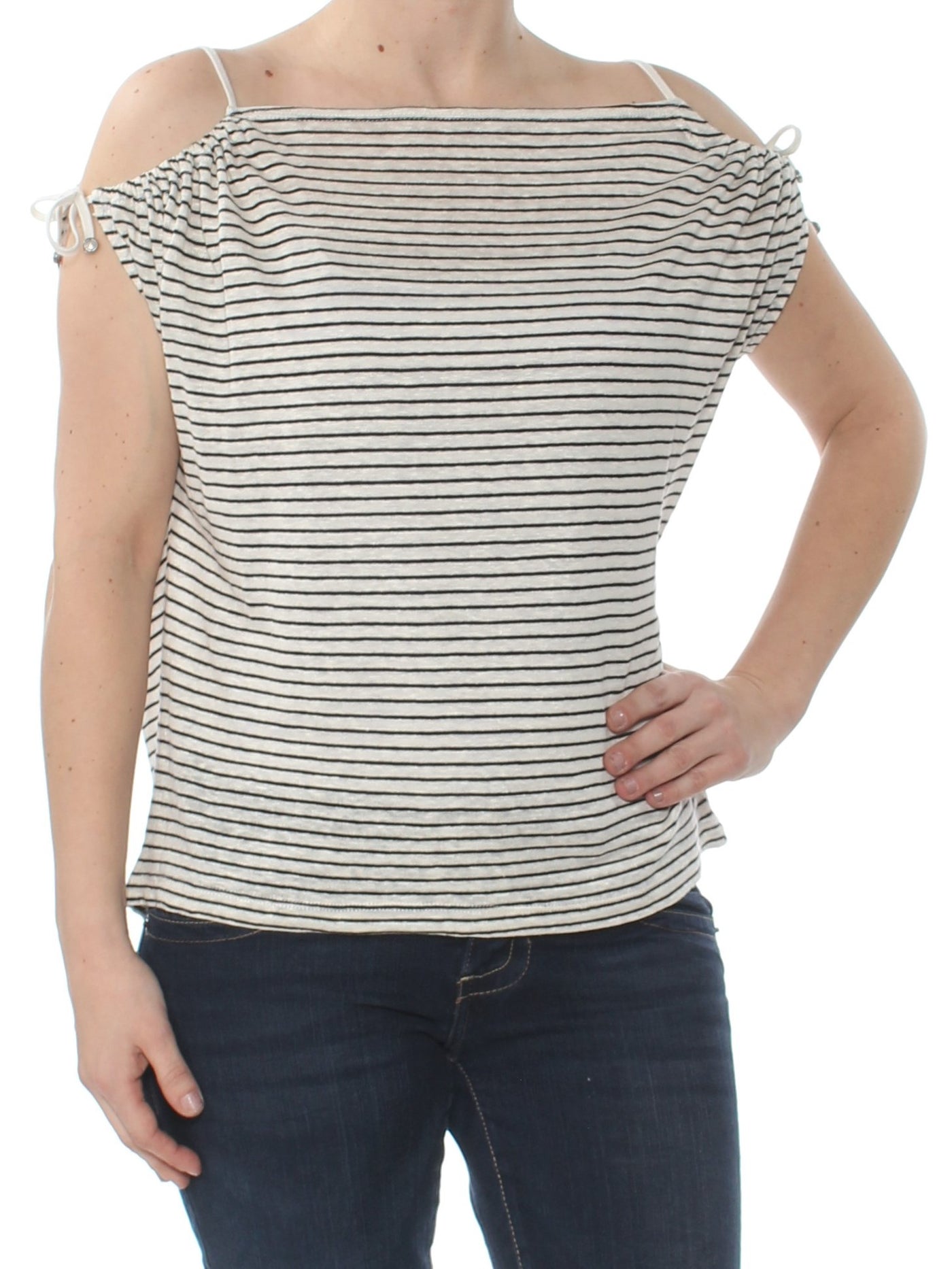 MAX STUDIO Womens Ivory Cold Shoulder Striped Boat Neck Top