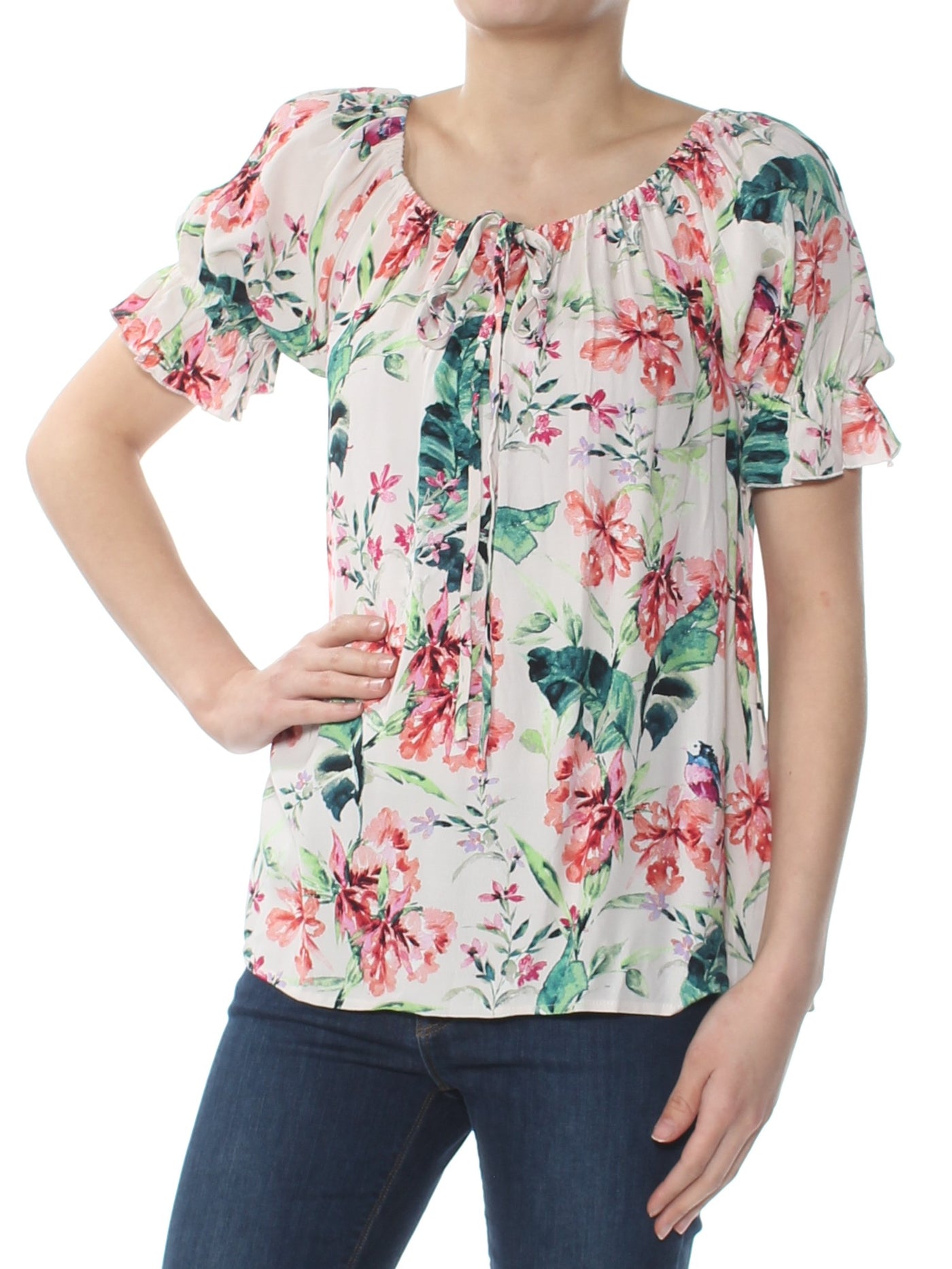 SANCTUARY Womens Floral Off The Shoulder 3/4 Sleeve Scoop Neck Blouse