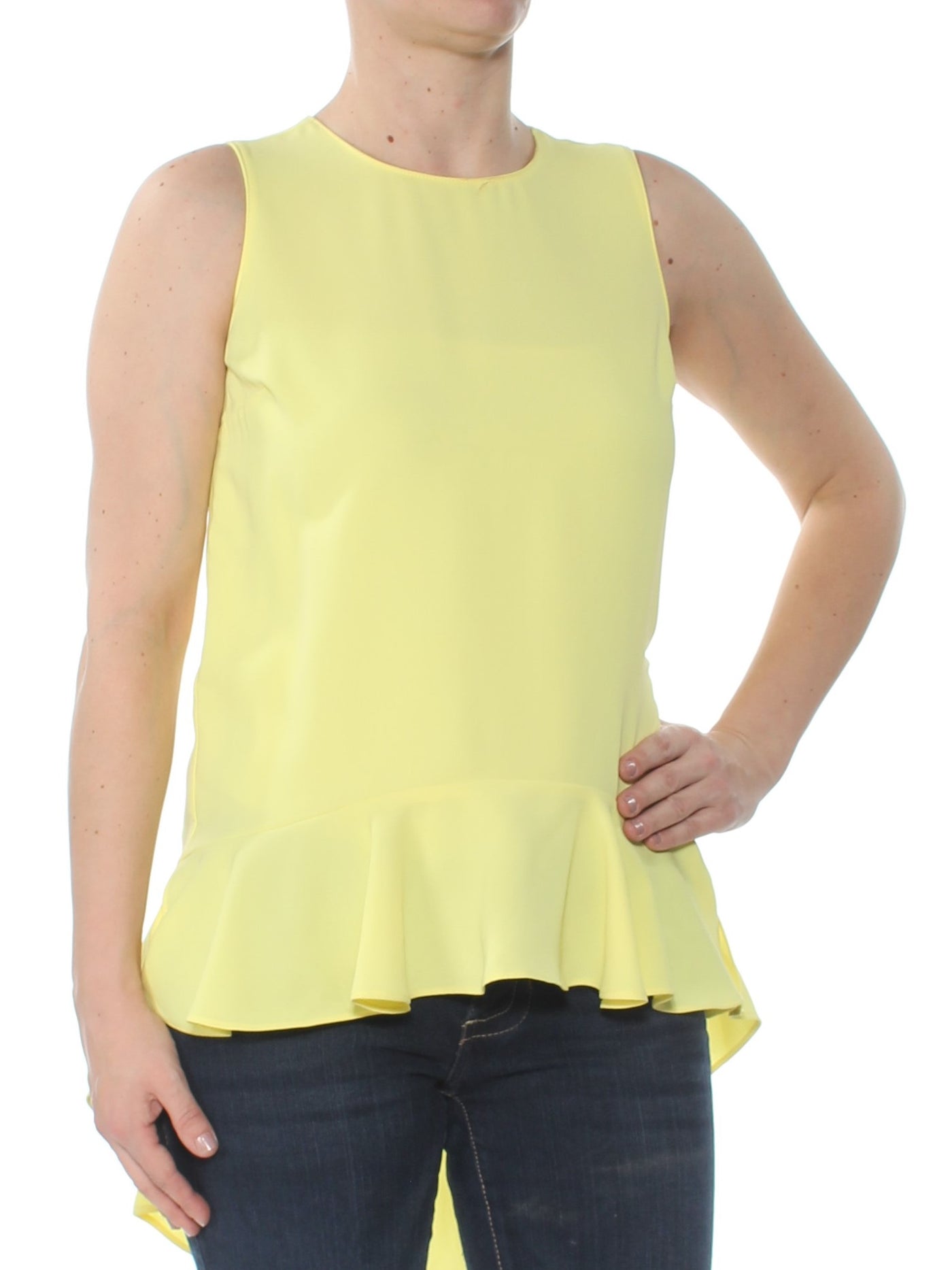 BAR III Womens Yellow Peplum Sleeveless Jewel Neck Hi-Lo Top