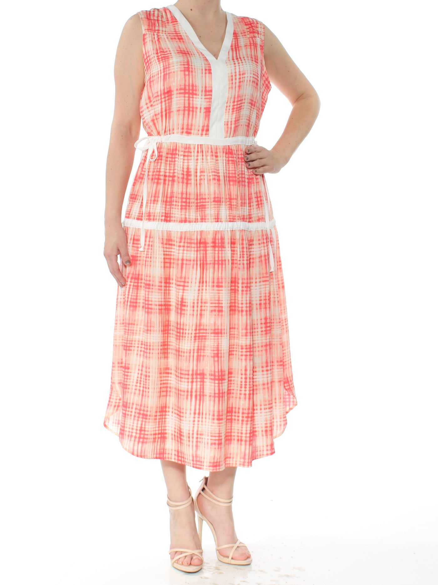 DKNY Womens Coral Ruched Printed Sleeveless V Neck Tea-Length Dress