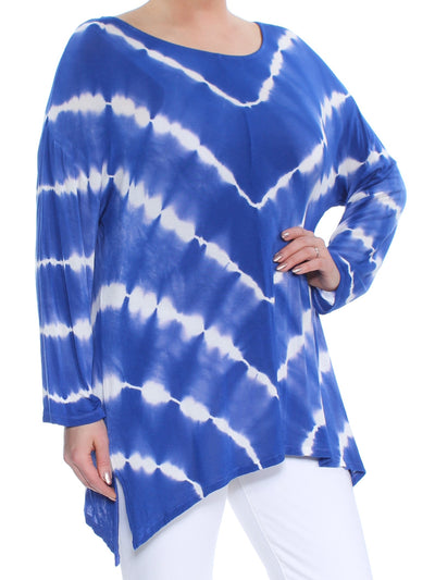 INC Womens Blue Handkerchief-hem Tie Dye Long Sleeve Scoop Neck Top